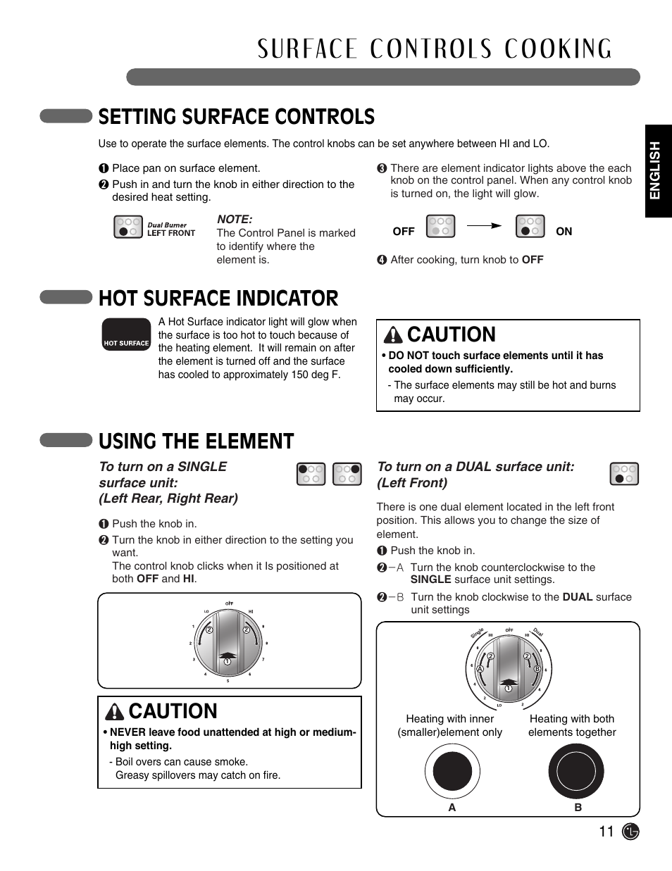 Setting surface controls, Hot surface indicator, Using the element | Caution | LG Electric Range LSE3092ST User Manual | Page 11 / 50