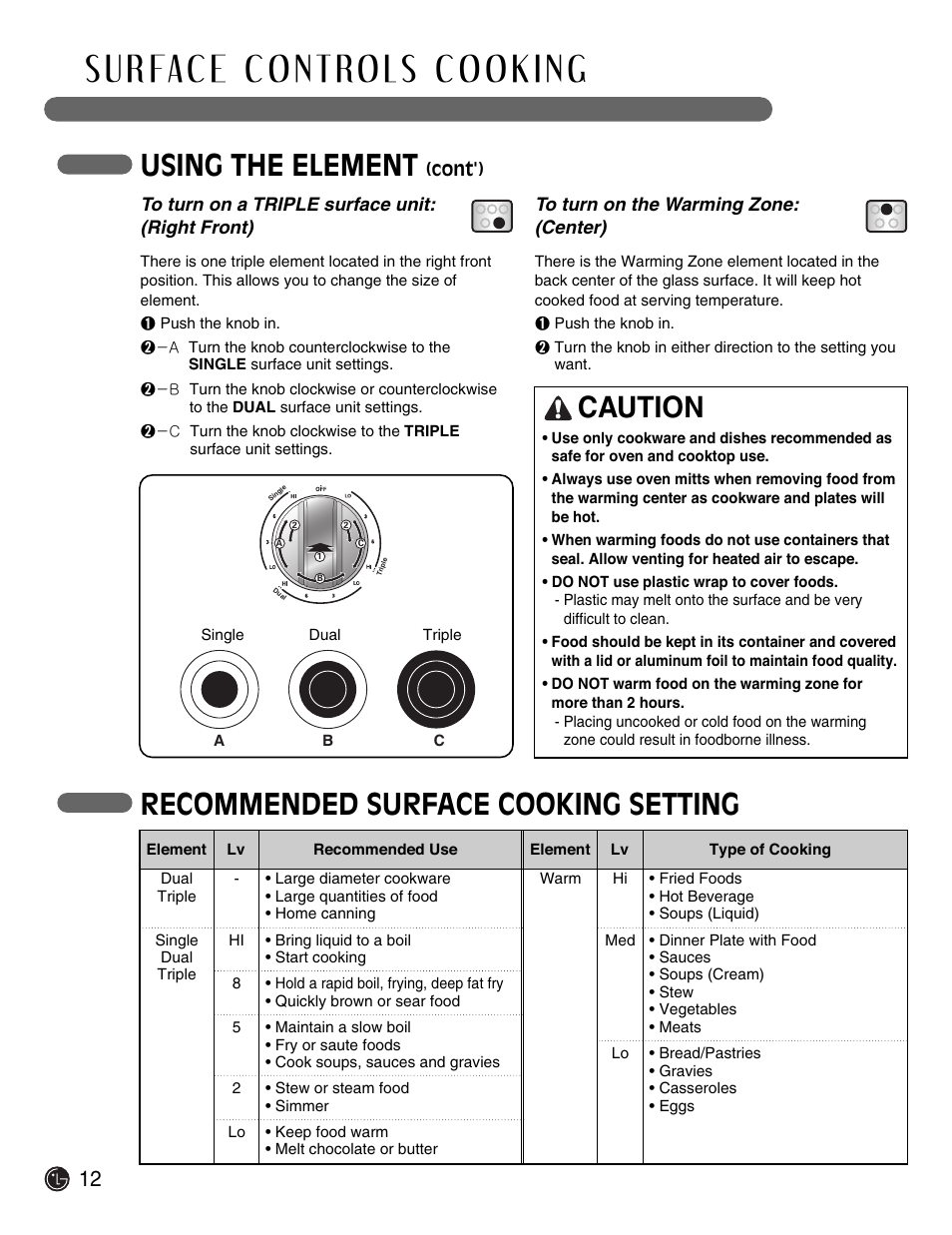 Using the element, Recommended surface cooking setting, Caution | LG Electric Range LSE3092ST User Manual | Page 12 / 50