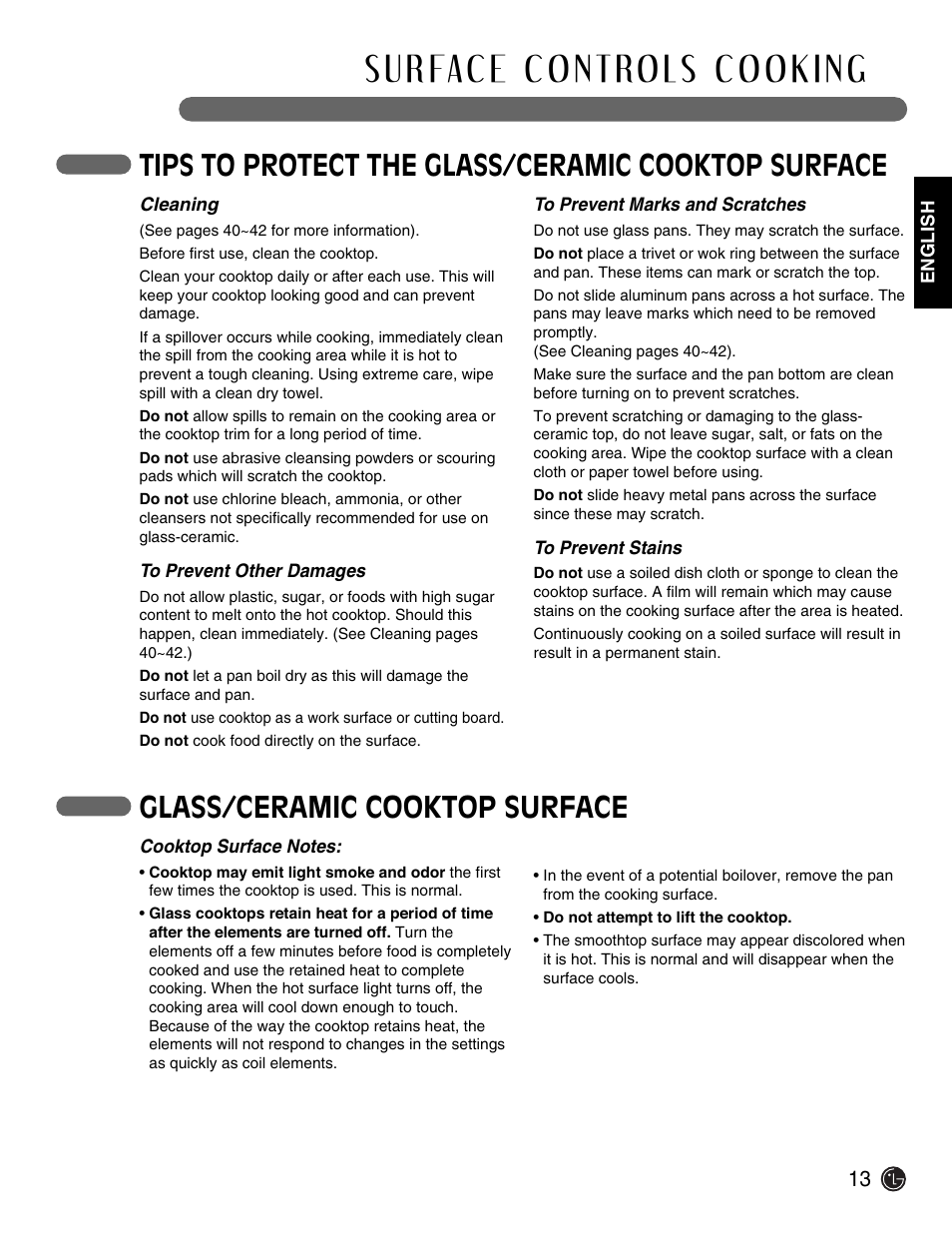 Tips to protect the glass/ceramic cooktop surface, Glass/ceramic cooktop surface | LG Electric Range LSE3092ST User Manual | Page 13 / 50