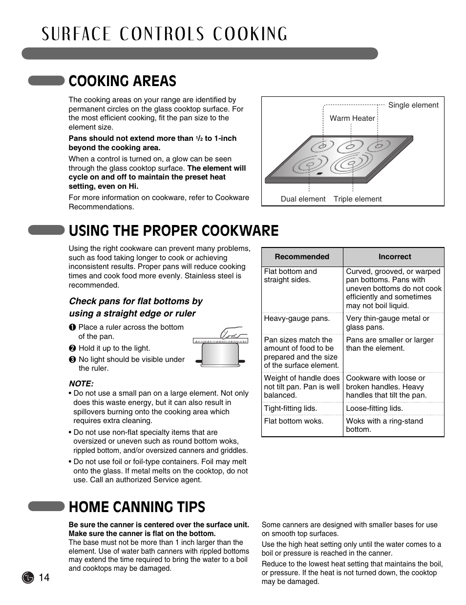 Cooking areas, Home canning tips, Using the proper cookware | LG Electric Range LSE3092ST User Manual | Page 14 / 50