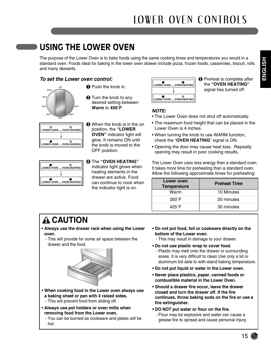 Using the lower oven, Caution | LG Electric Range LSE3092ST User Manual | Page 15 / 50