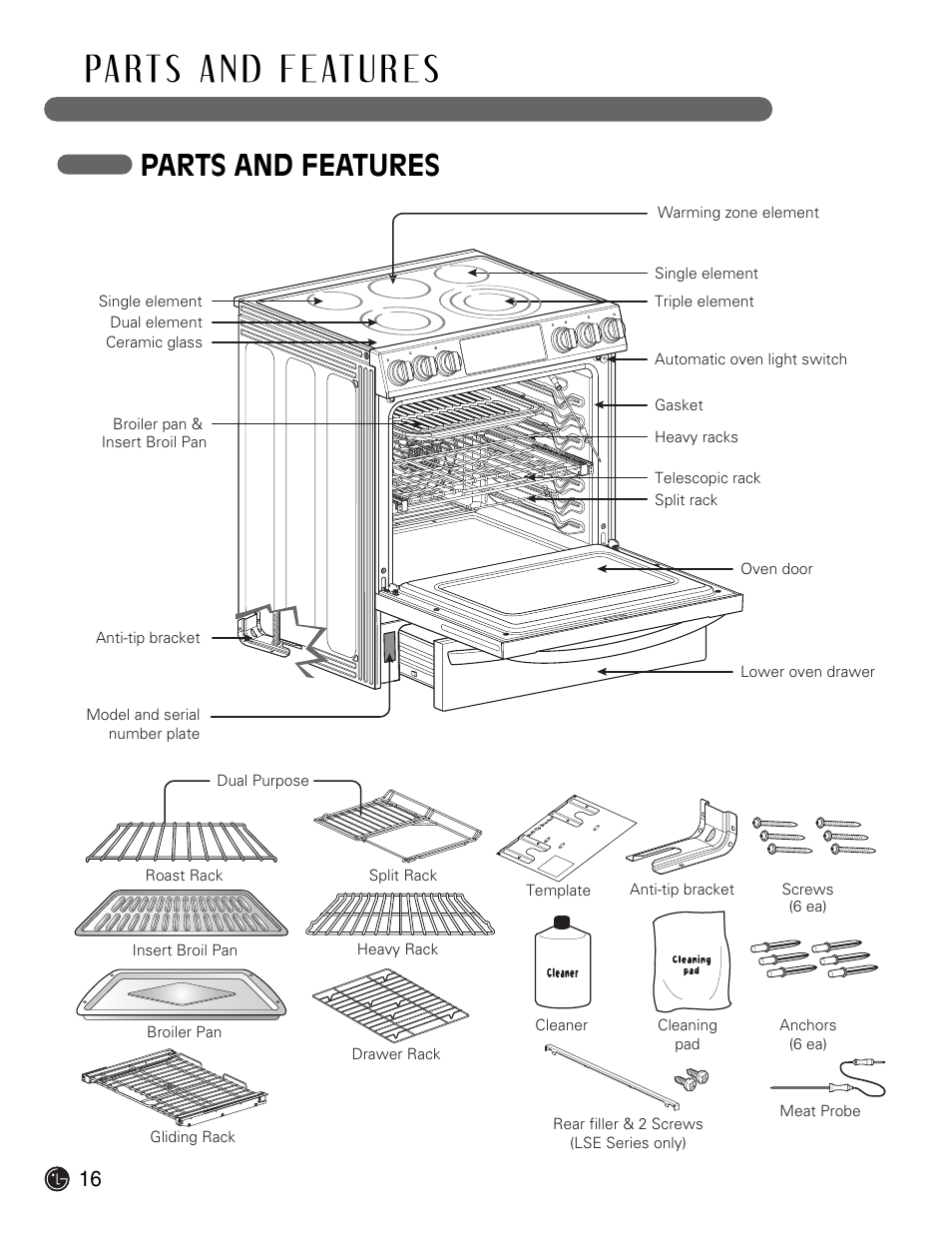 Parts and features | LG Electric Range LSE3092ST User Manual | Page 16 / 50