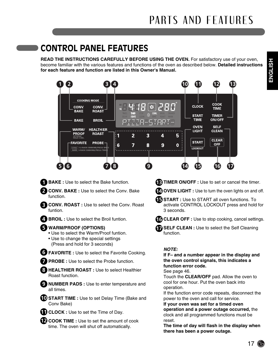 Control panel features | LG Electric Range LSE3092ST User Manual | Page 17 / 50