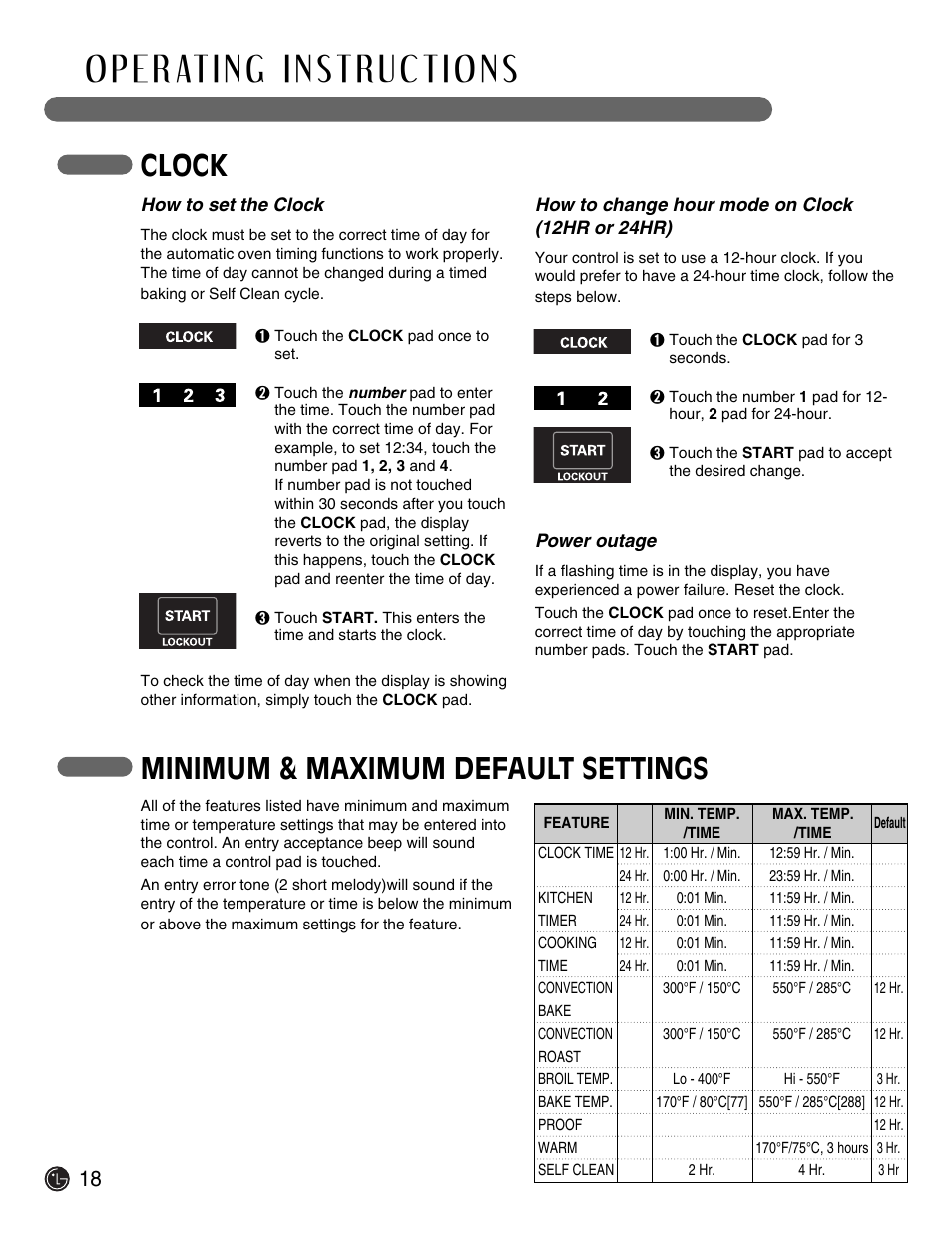 Clock, Minimum & maximum default settings | LG Electric Range LSE3092ST User Manual | Page 18 / 50