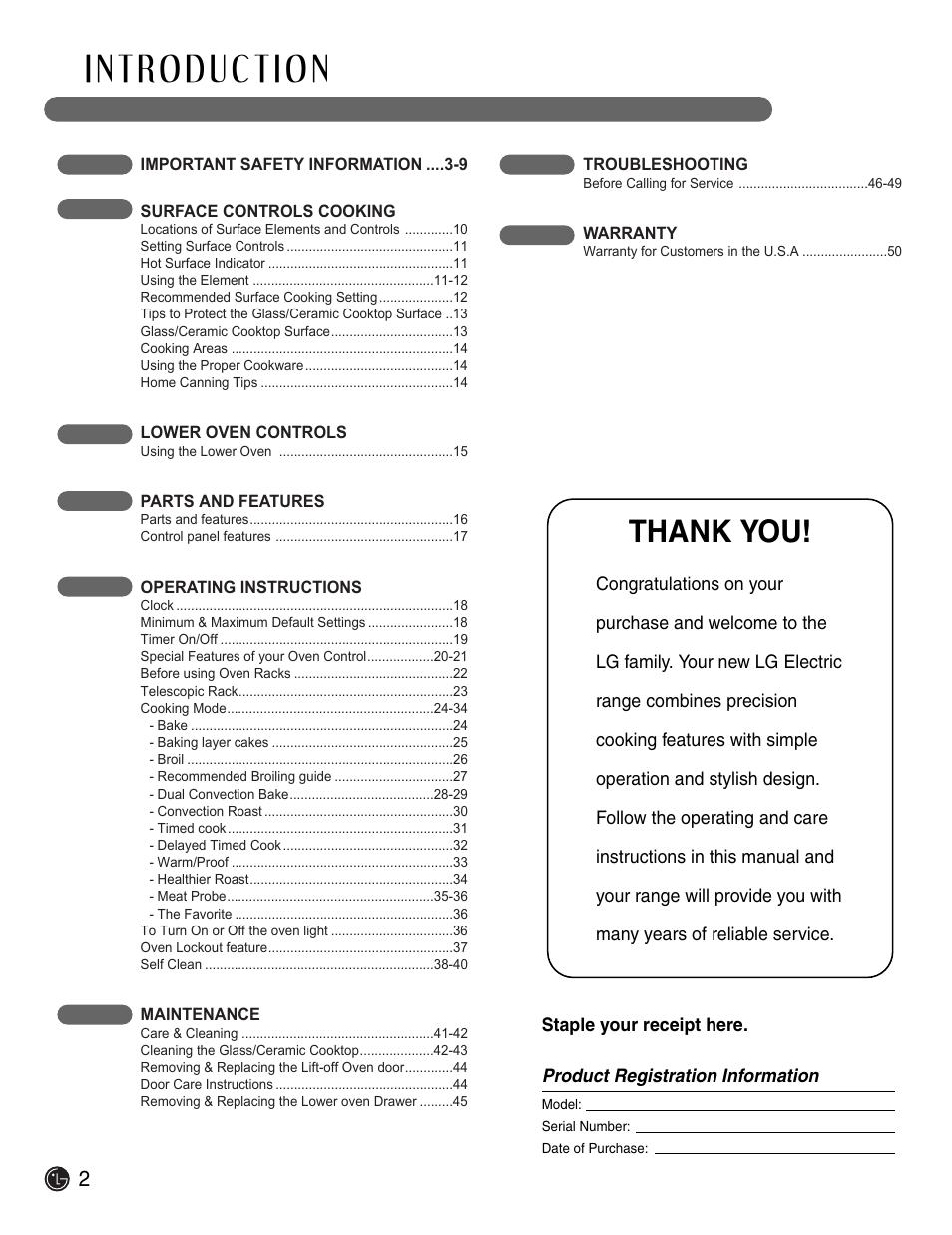 LG Electric Range LSE3092ST User Manual | Page 2 / 50