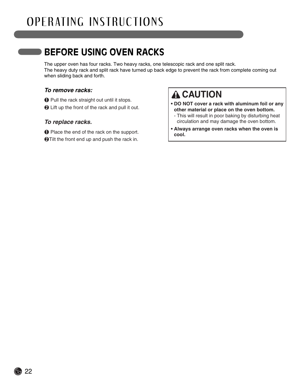 Before using oven racks, Caution | LG Electric Range LSE3092ST User Manual | Page 22 / 50