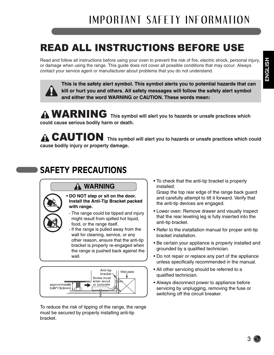 Warning, Caution, Read all instructions before use | Safety precautions | LG Electric Range LSE3092ST User Manual | Page 3 / 50