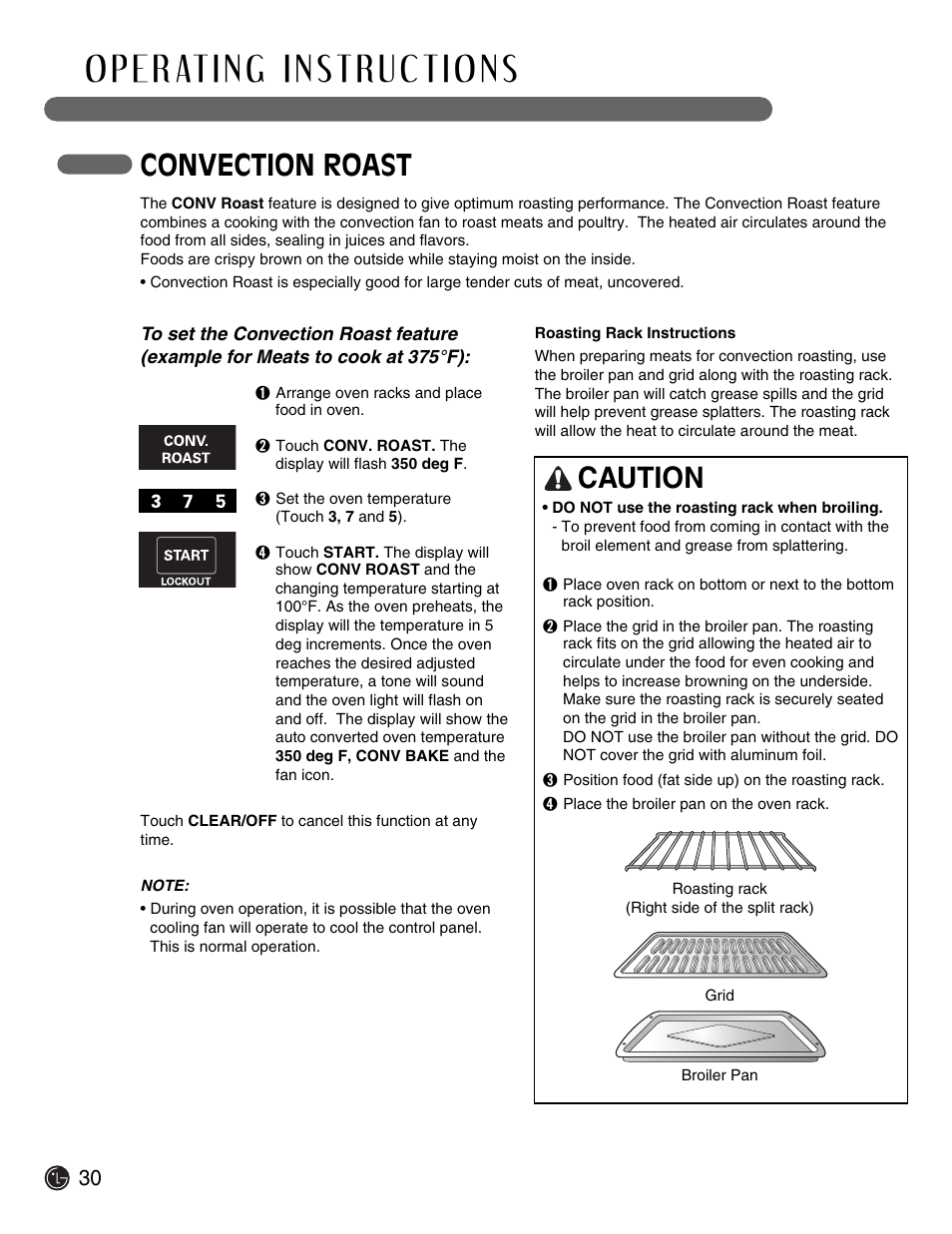 Convection roast, Caution | LG Electric Range LSE3092ST User Manual | Page 30 / 50