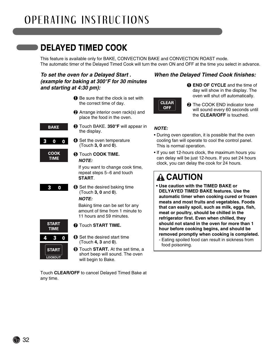 Delayed timed cook, Caution | LG Electric Range LSE3092ST User Manual | Page 32 / 50