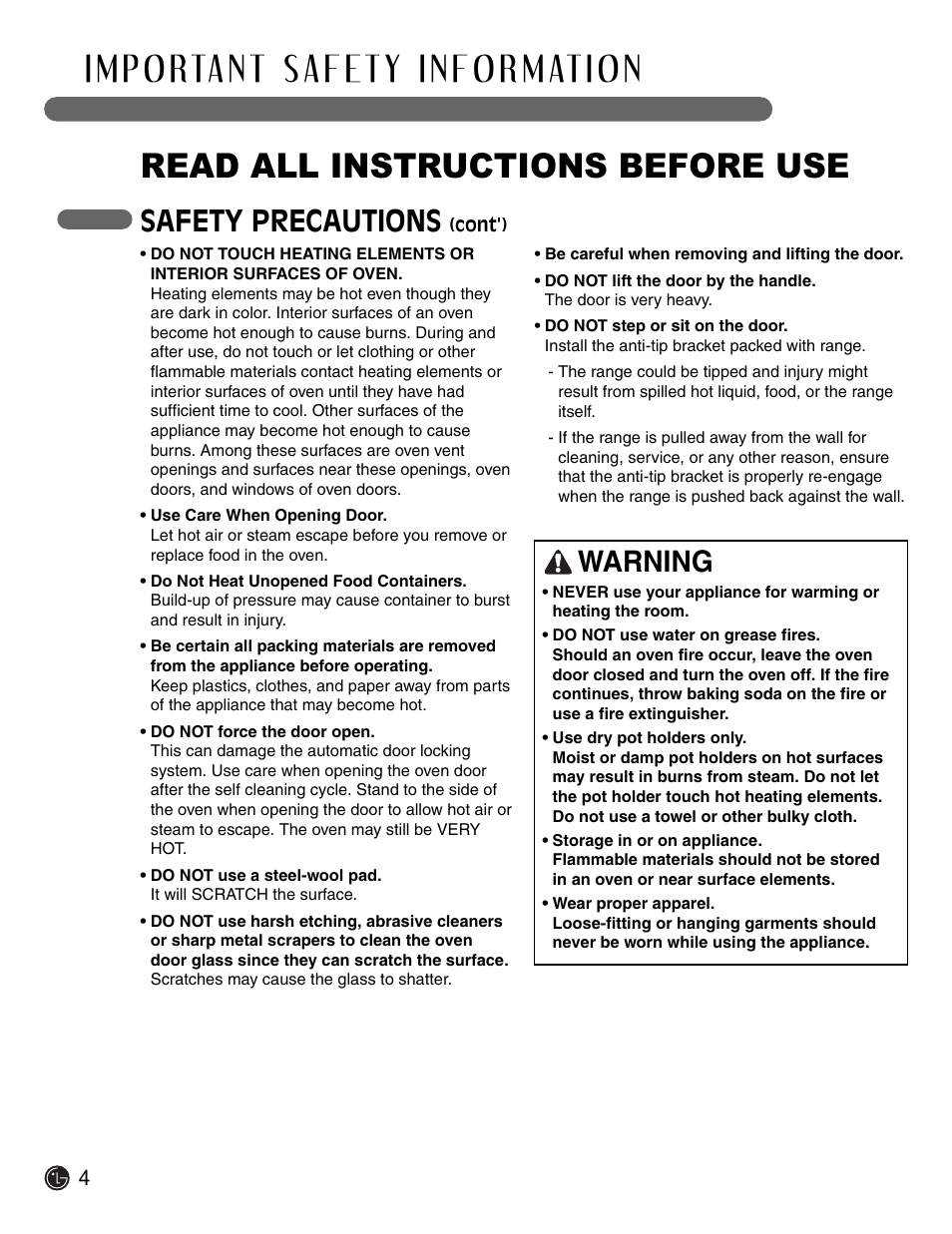 Read all instructions before use, Safety precautions, Warning | LG Electric Range LSE3092ST User Manual | Page 4 / 50