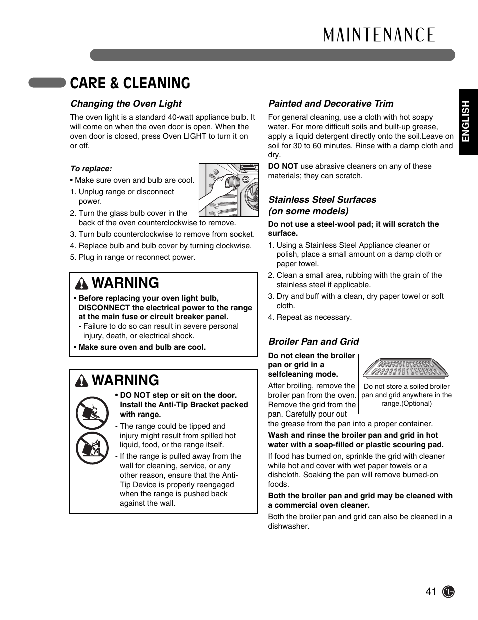 Care & cleaning, Warning | LG Electric Range LSE3092ST User Manual | Page 41 / 50