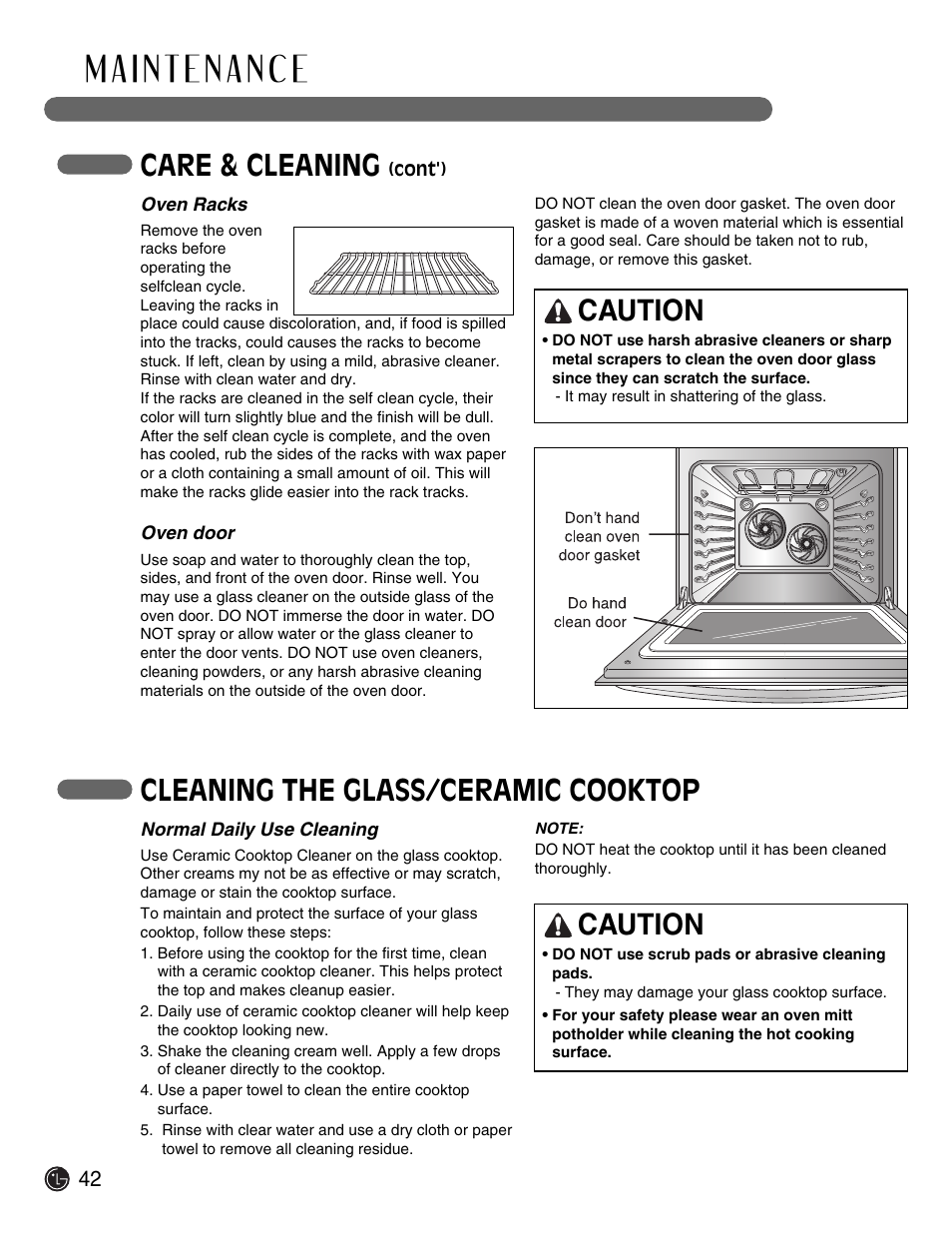 Care & cleaning, Caution, Cleaning the glass/ceramic cooktop | LG Electric Range LSE3092ST User Manual | Page 42 / 50