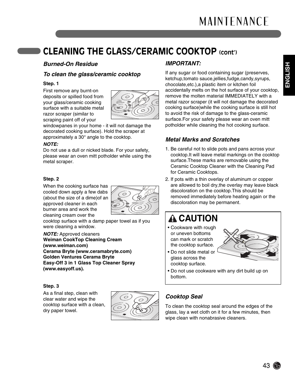 Cleaning the glass/ceramic cooktop, Caution | LG Electric Range LSE3092ST User Manual | Page 43 / 50