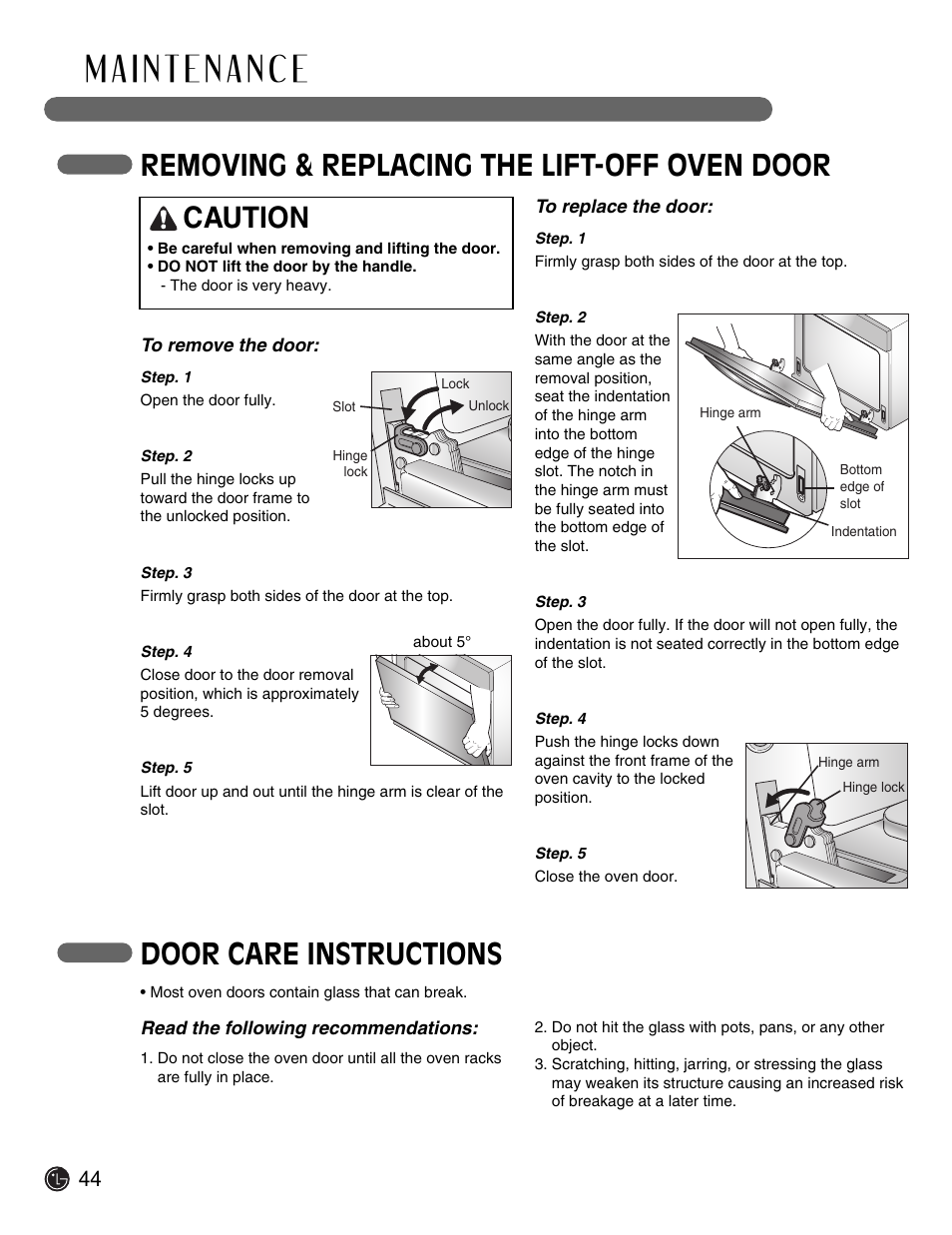 Removing & replacing the lift-off oven door, Caution, Door care instructions | LG Electric Range LSE3092ST User Manual | Page 44 / 50