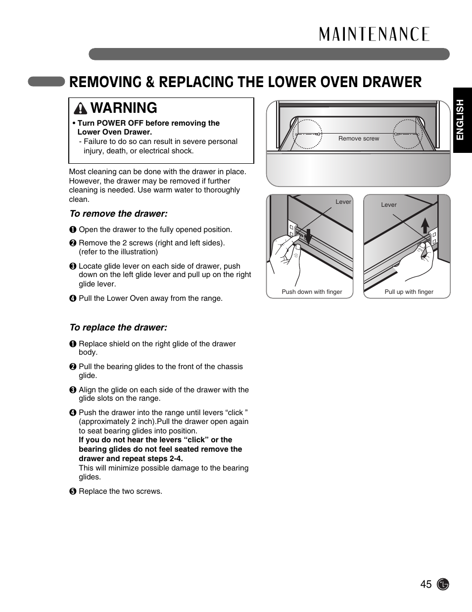 Removing & replacing the lower oven drawer, Warning | LG Electric Range LSE3092ST User Manual | Page 45 / 50