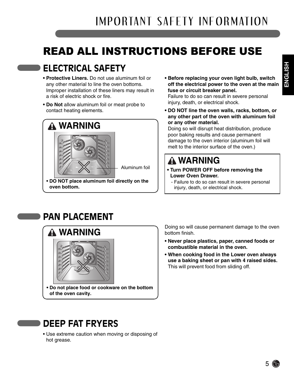 Read all instructions before use, Electrical safety, Pan placement | Warning, Deep fat fryers | LG Electric Range LSE3092ST User Manual | Page 5 / 50