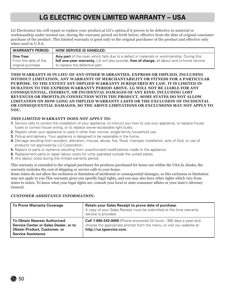 Lg electric oven limited warranty – usa | LG Electric Range LSE3092ST User Manual | Page 50 / 50
