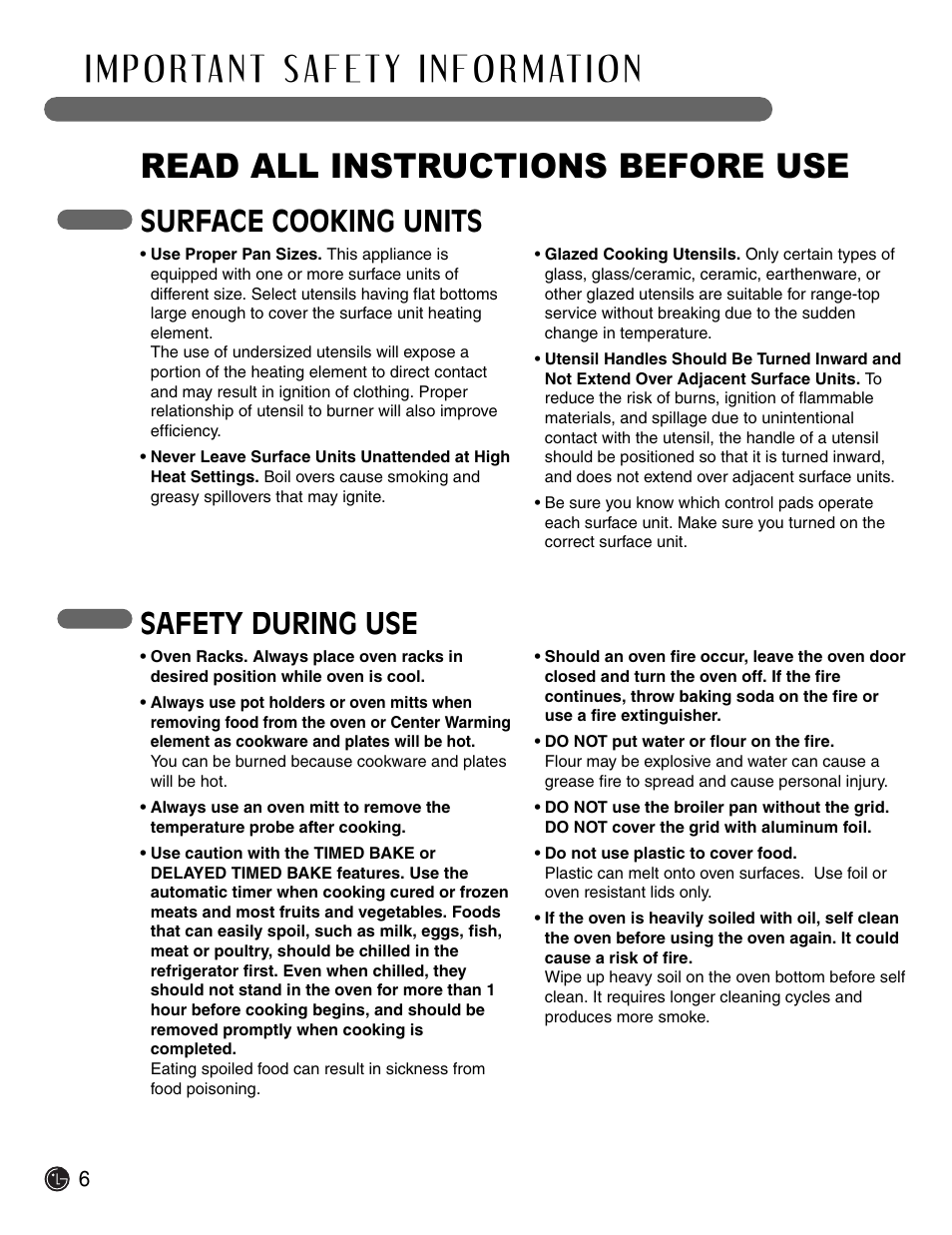 Read all instructions before use, Surface cooking units, Safety during use | LG Electric Range LSE3092ST User Manual | Page 6 / 50