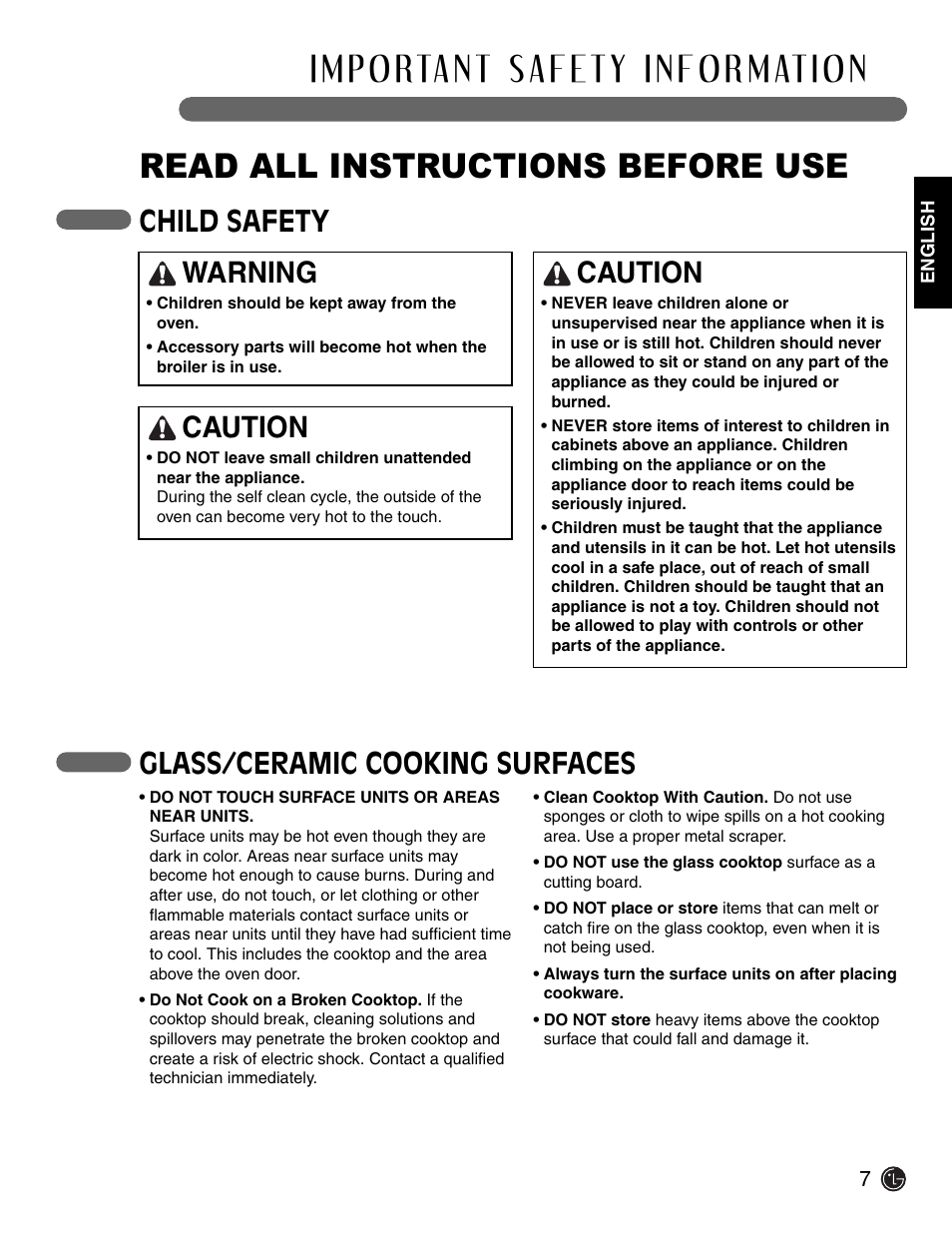 Read all instructions before use, Child safety glass/ceramic cooking surfaces, Warning | Caution | LG Electric Range LSE3092ST User Manual | Page 7 / 50