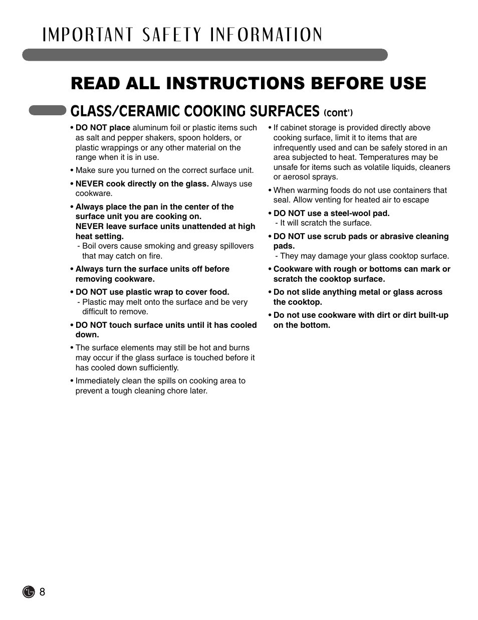 Read all instructions before use, Glass/ceramic cooking surfaces | LG Electric Range LSE3092ST User Manual | Page 8 / 50