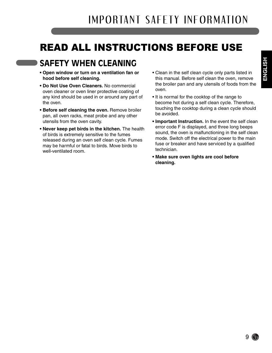 Read all instructions before use, Safety when cleaning | LG Electric Range LSE3092ST User Manual | Page 9 / 50