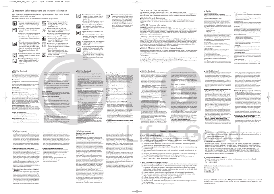 Safety, Fcc part 15 class b compliance, Industry canada compliance | Fcc rf exposure information, Bodily contact during operation, Vehicle-mounted external antenna, Caution, Warranty information | LG 265 User Manual | Page 2 / 2