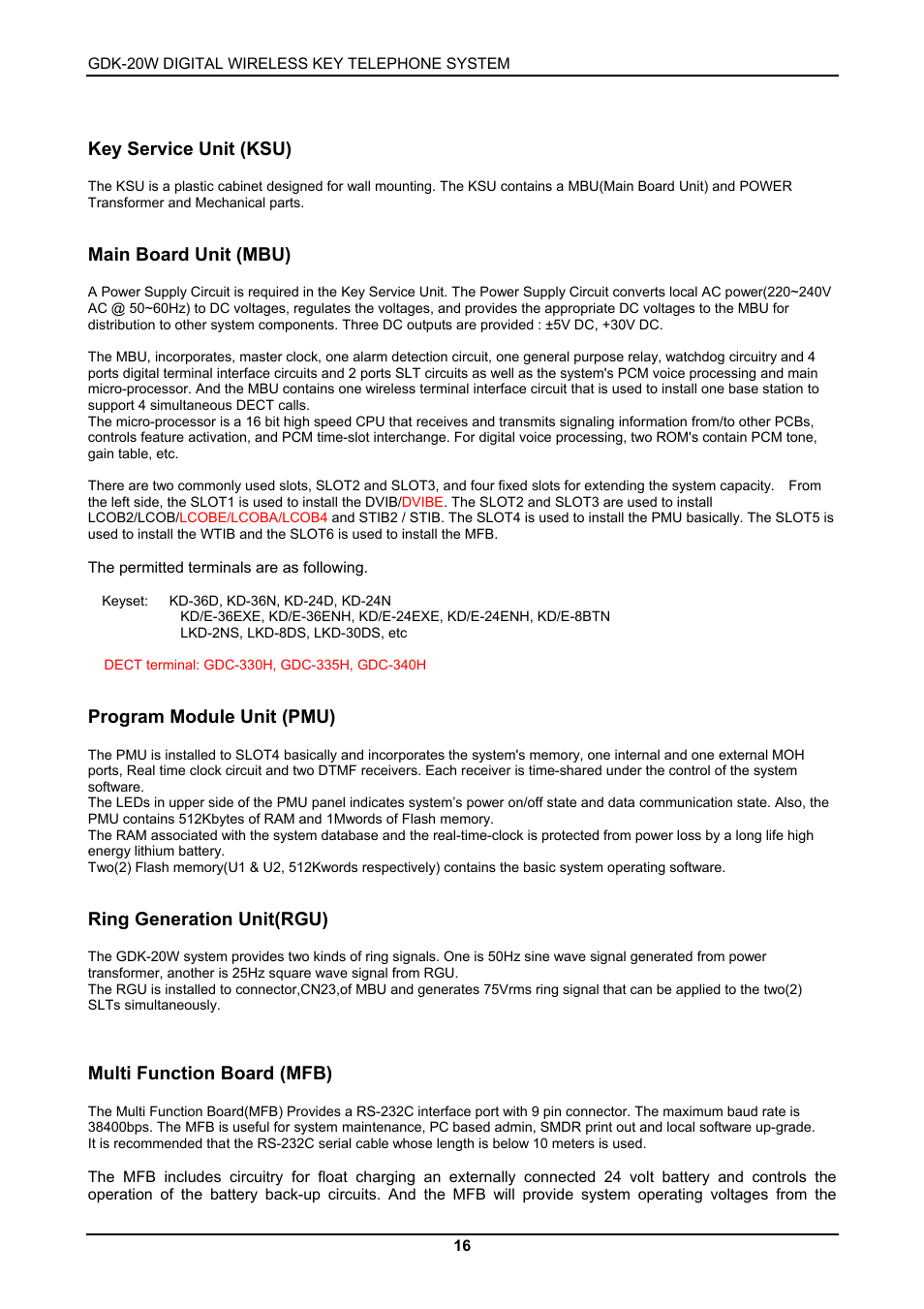 Key service unit (ksu), Main board unit (mbu), Program module unit (pmu) | Ring generation unit(rgu), Multi function board (mfb) | LG GDK-20W User Manual | Page 14 / 98