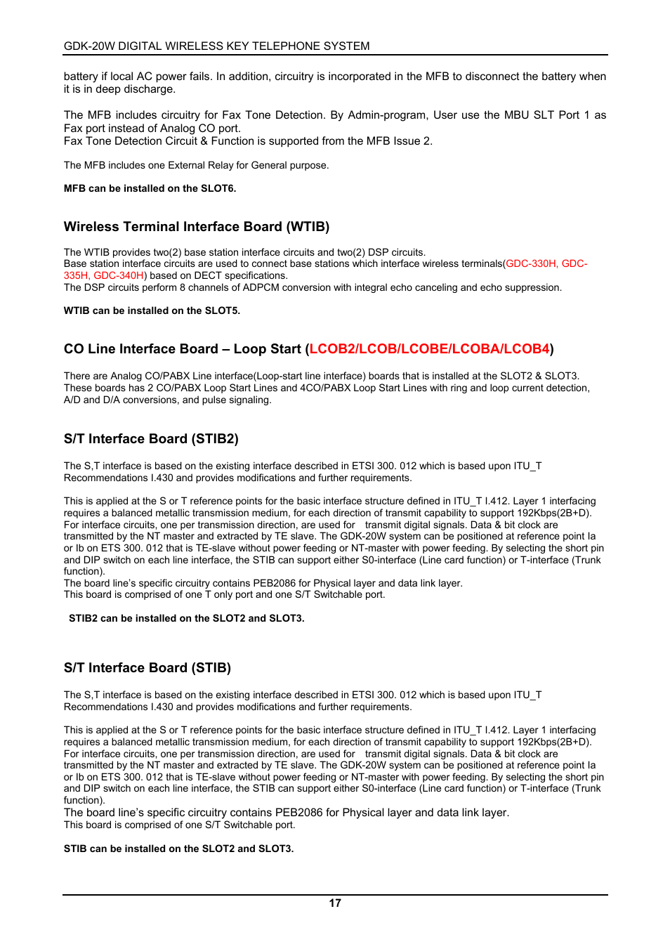 Wireless terminal interface board (wtib), S/t interface board (stib2), S/t interface board (stib) | LG GDK-20W User Manual | Page 15 / 98