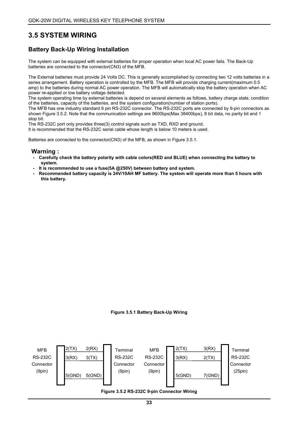 5 system wiring, Battery back-up wiring installation, Warning | LG GDK-20W User Manual | Page 31 / 98