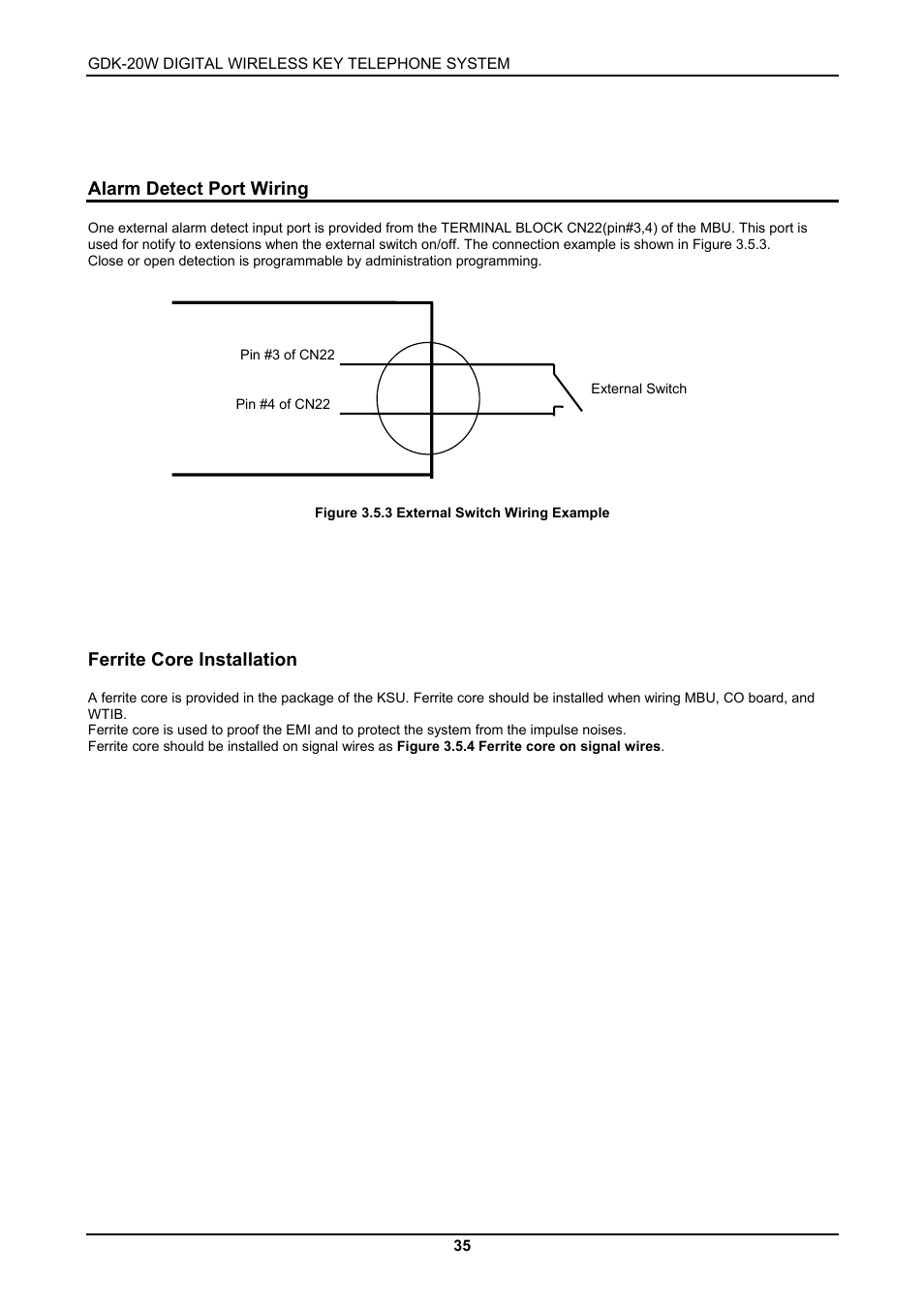 Alarm detect port wiring, Ferrite core installation | LG GDK-20W User Manual | Page 33 / 98