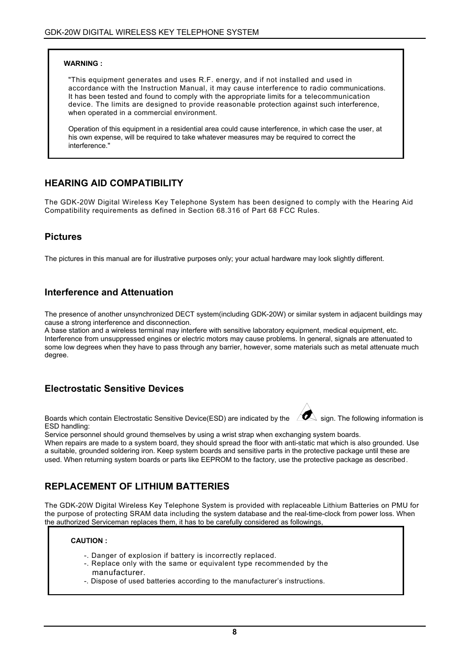Hearing aid compatibility, Pictures, Interference and attenuation | Electrostatic sensitive devices, Replacement of lithium batteries | LG GDK-20W User Manual | Page 6 / 98