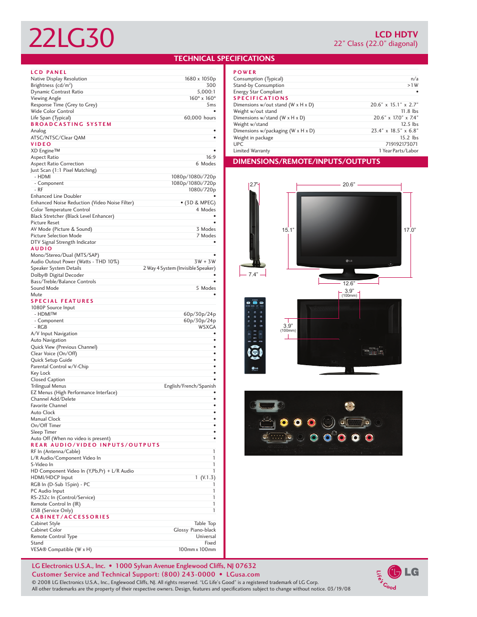 22lg30, Lcd hdtv | LG 2230 User Manual | Page 2 / 2