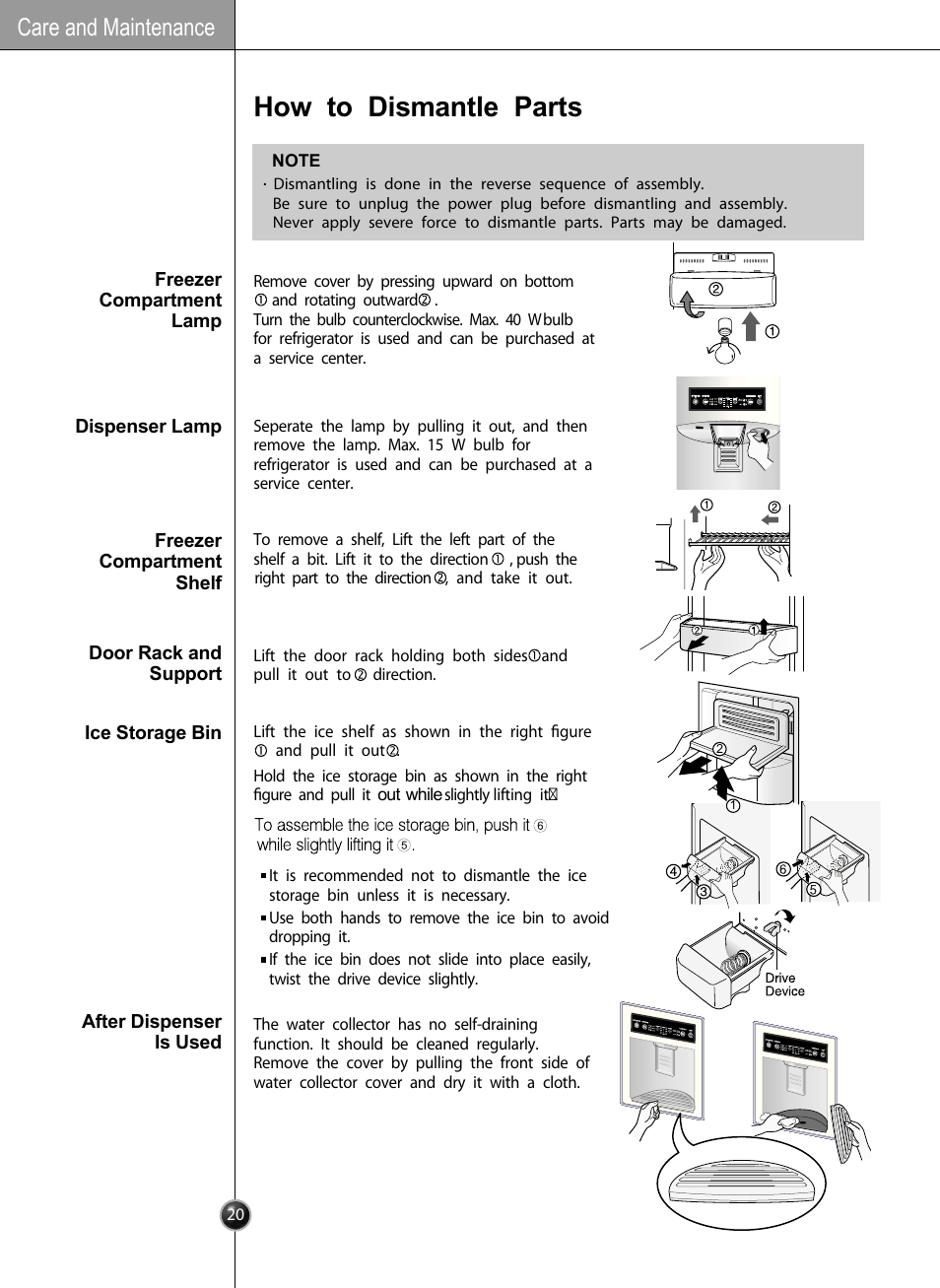 How to dismantle parts, Care and maintenance | LG LSC27910** User Manual | Page 20 / 56