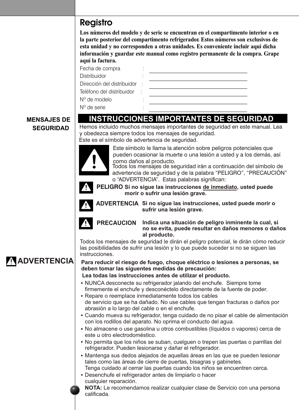 Registro, Introducción, Advertencia | Instrucciones importantes de seguridad | LG LSC27910** User Manual | Page 30 / 56