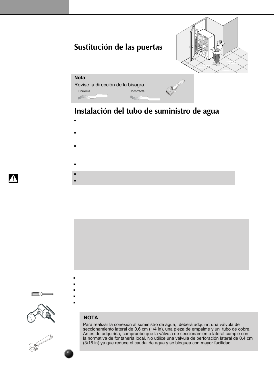 Instrucciones de conexión a un suministro de agua, Advertencia, Instalación | LG LSC27910** User Manual | Page 36 / 56