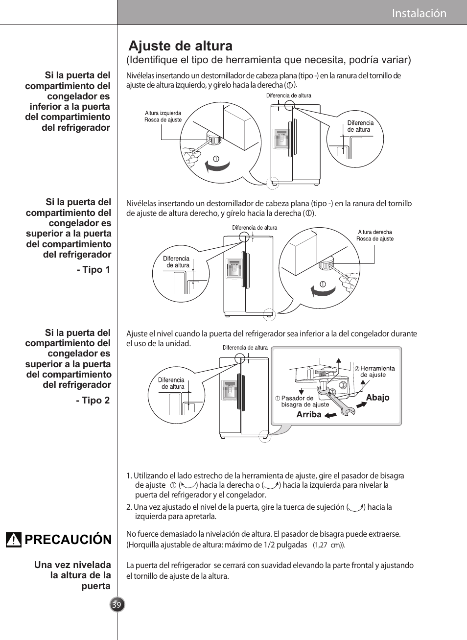 Ajuste de altura, Precaución, Instalación | LG LSC27910** User Manual | Page 39 / 56