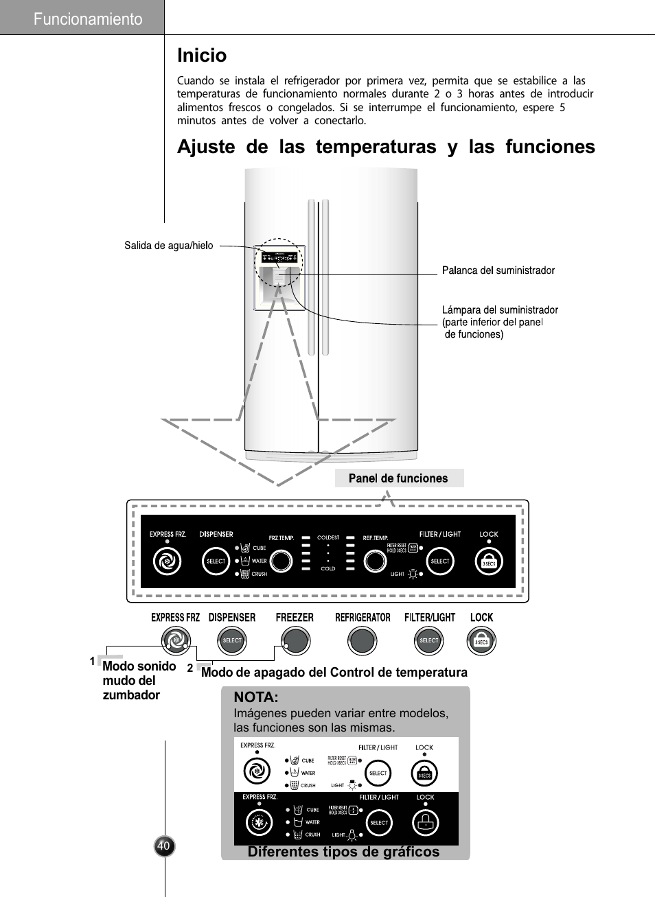 Inicio ajuste de las temperaturas y las funciones, Funcionamiento | LG LSC27910** User Manual | Page 40 / 56