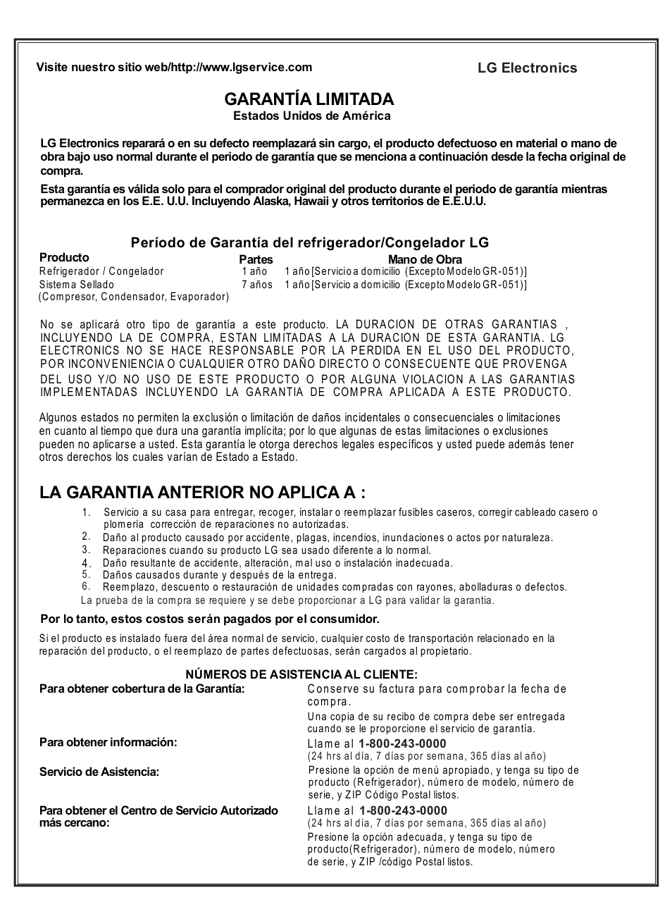Garantía limitada, La garantia anterior no aplica a, Lg electronics | Período de garantía del refrigerador/congelador lg | LG LSC27910** User Manual | Page 55 / 56