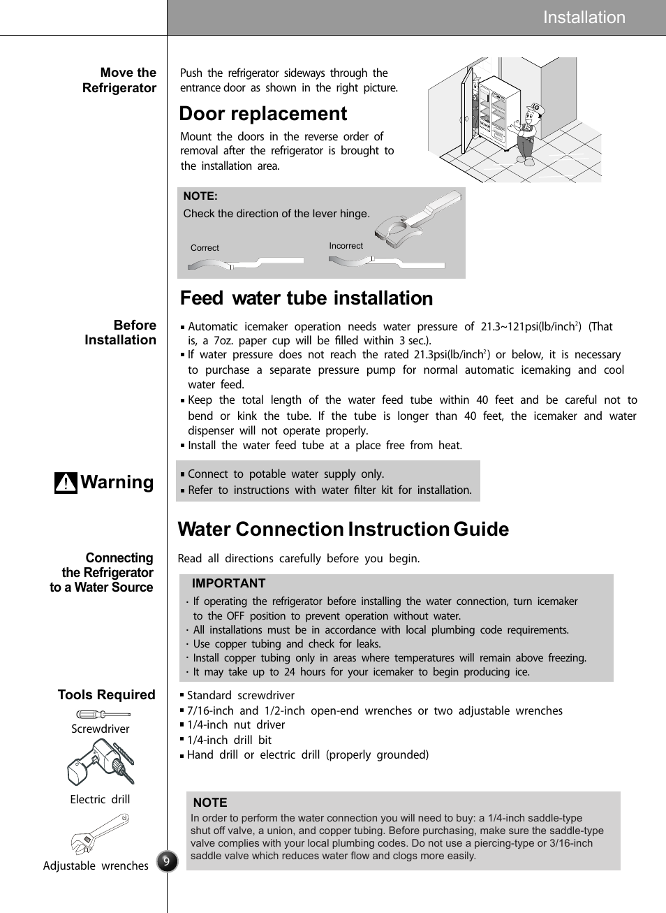 Feed water tube installation, Water connection instruction guide, Door replacement | Warning, Installation | LG LSC27910** User Manual | Page 9 / 56