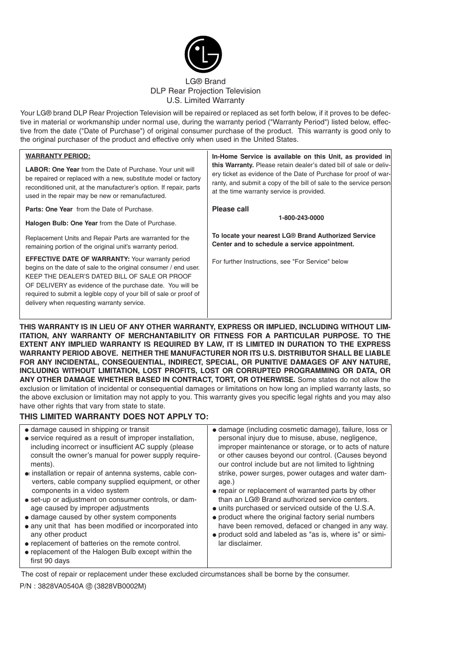 This limited warranty does not apply to | LG 52SX4D User Manual | Page 104 / 104