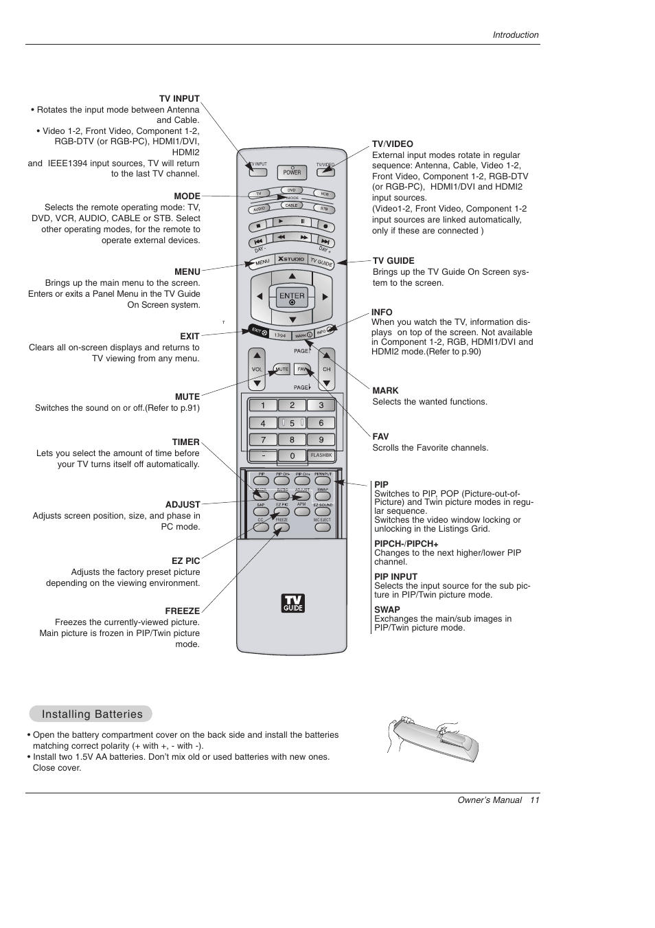 Installing batteries | LG 52SX4D User Manual | Page 11 / 104