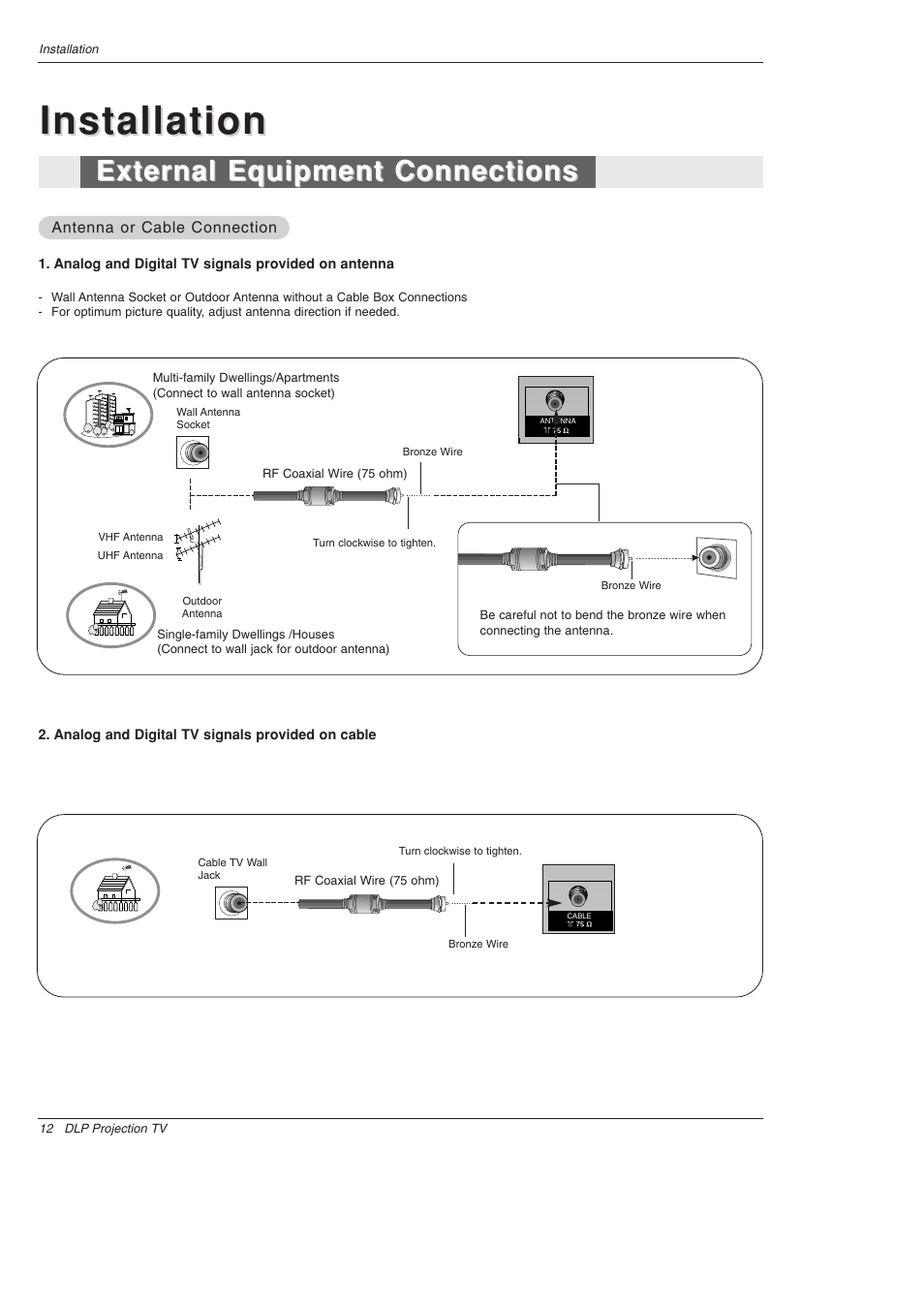 Installation, External equipment connections | LG 52SX4D User Manual | Page 12 / 104