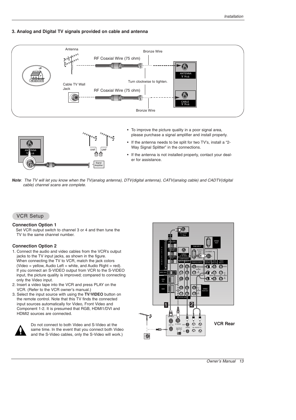 Vcr setup, Connection option 1, Connection option 2 | Vcr rear, Rf coaxial wire (75 ohm), Installation, Antenna, Bronze wire | LG 52SX4D User Manual | Page 13 / 104