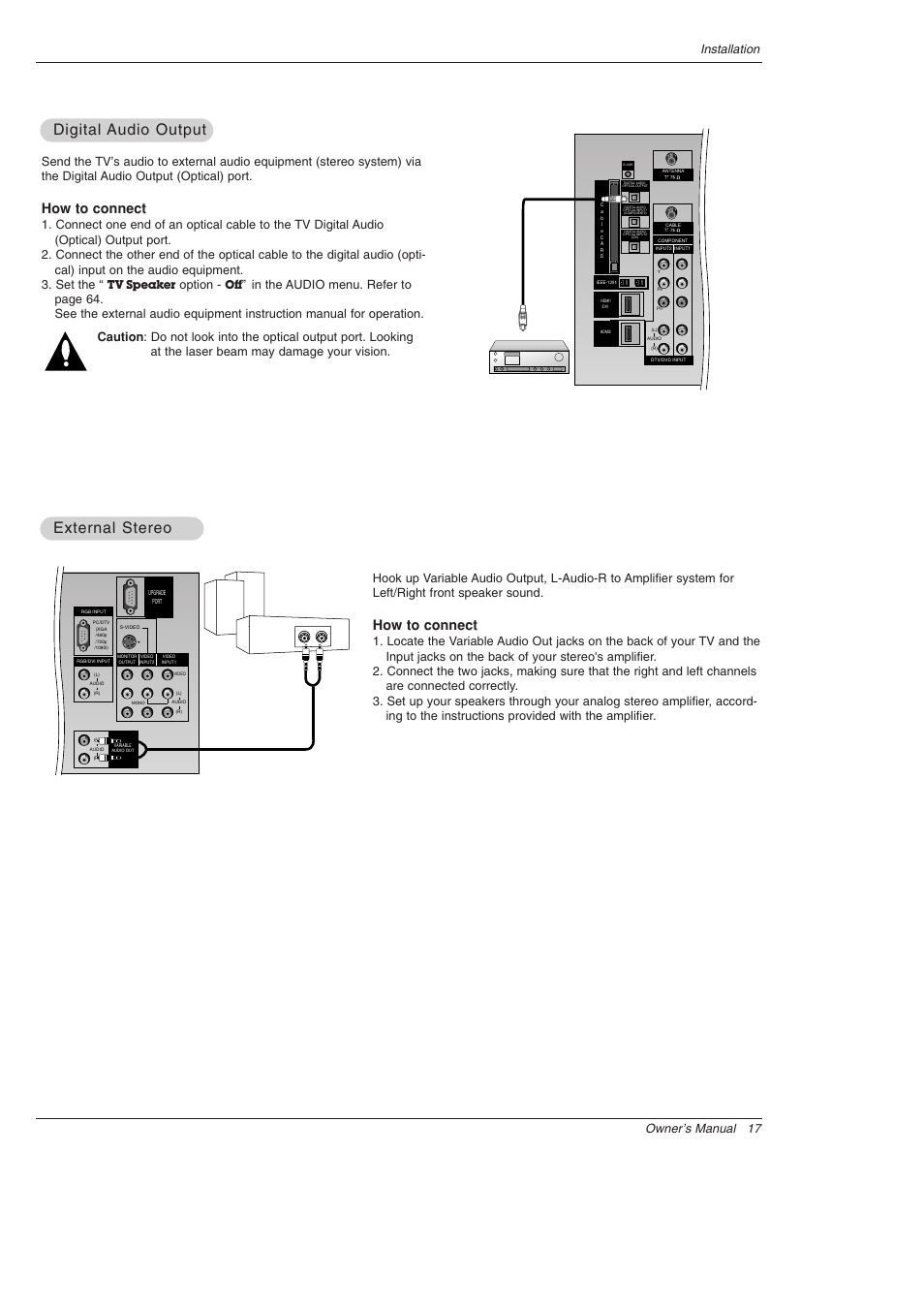 Digital, Digital audio output audio output, External stereo | How to connect, Option, Tv speaker | LG 52SX4D User Manual | Page 17 / 104