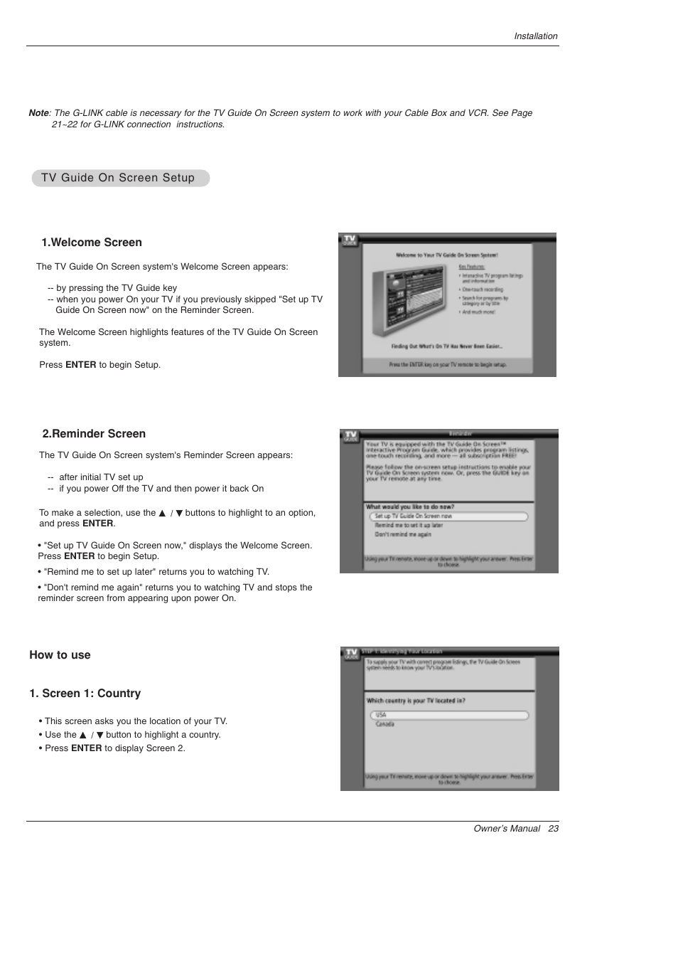 How to use 1. screen 1: country | LG 52SX4D User Manual | Page 23 / 104