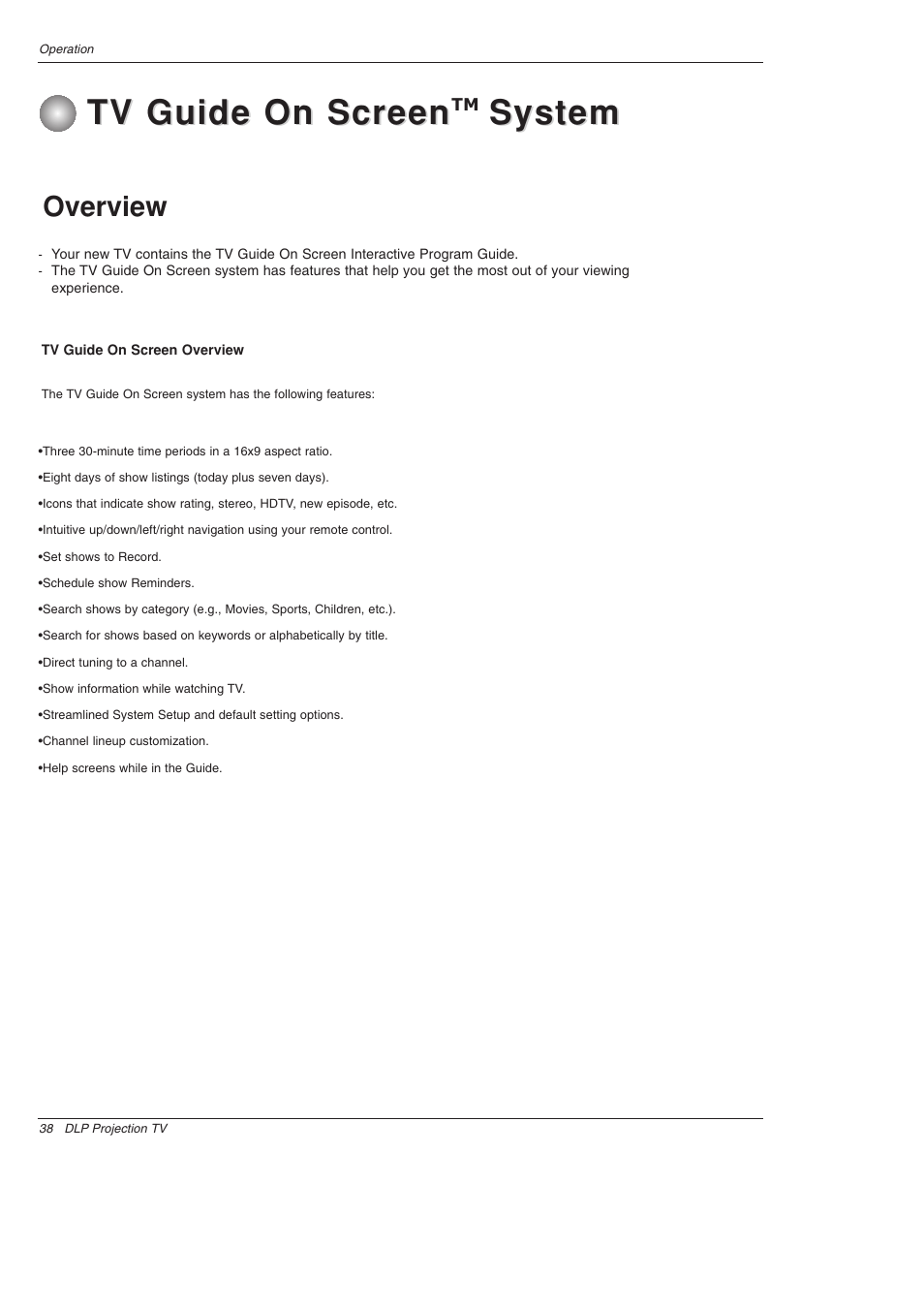 Tv guide on screen, System, Overview | LG 52SX4D User Manual | Page 38 / 104