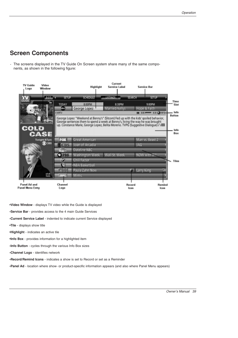 Screen components | LG 52SX4D User Manual | Page 39 / 104
