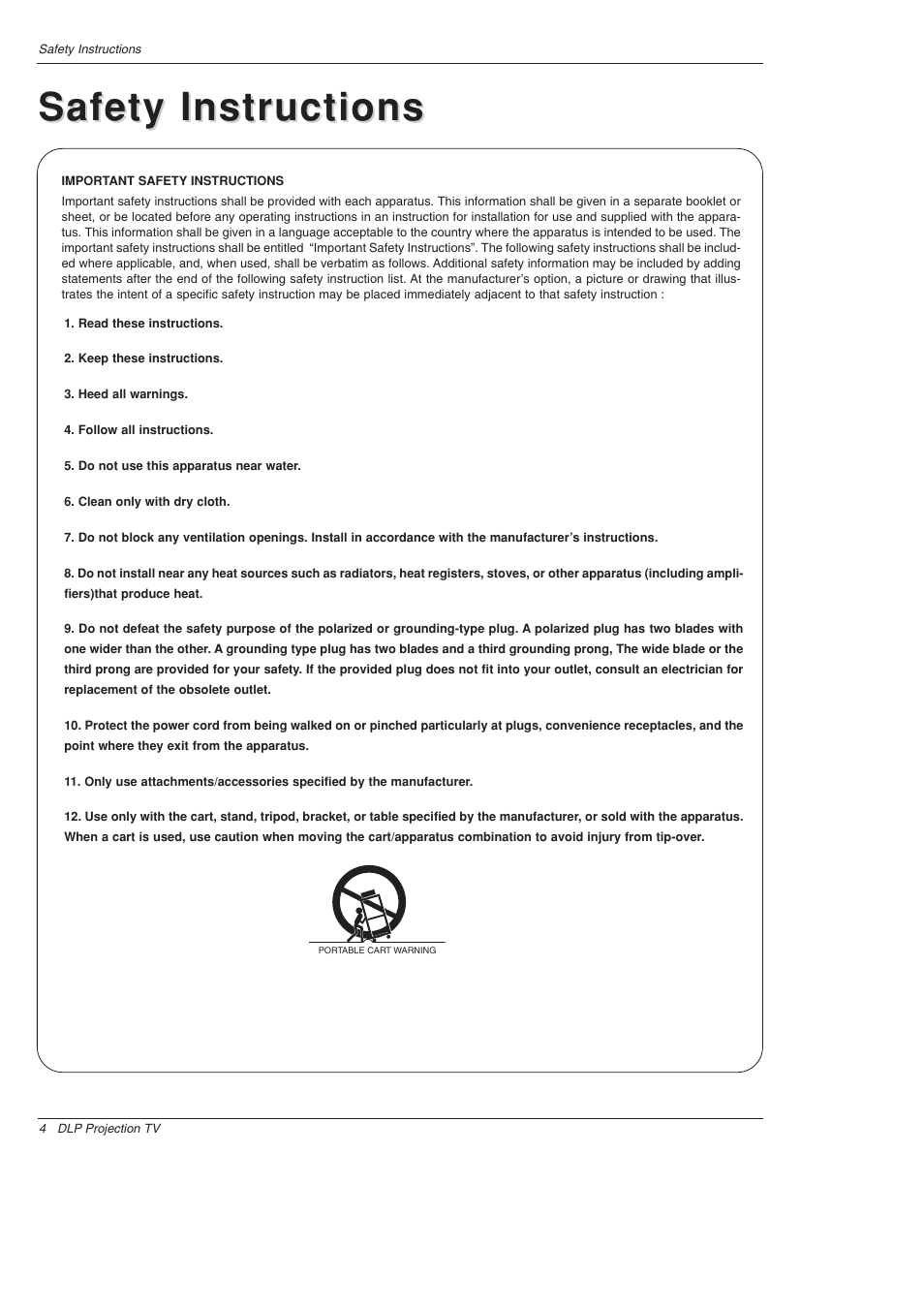 Safety instructions | LG 52SX4D User Manual | Page 4 / 104