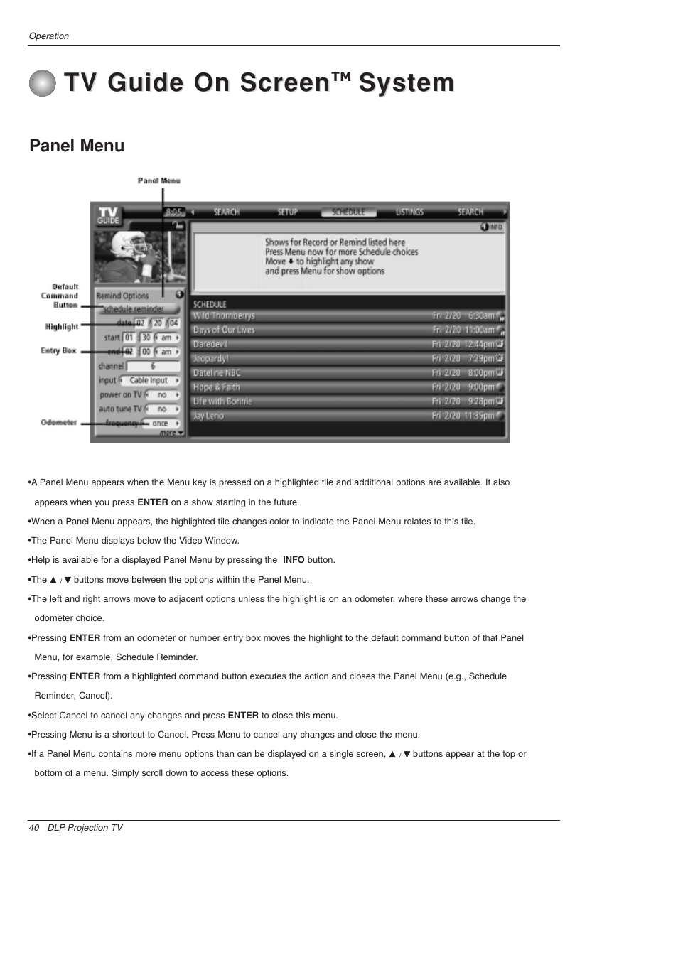 Tv guide on screen, System, Panel menu | LG 52SX4D User Manual | Page 40 / 104