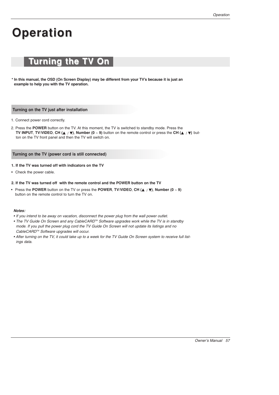 Operation, Turning the tv on urning the tv on | LG 52SX4D User Manual | Page 57 / 104